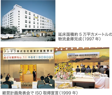 延床面積約5万平方メートルの物流倉庫完成(1997年)/経営計画発表会でISO取得宣言(1999年)